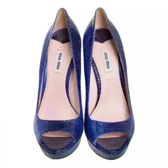 MIU MIU Blue Python Embossed Leather Peep Toe Platform Pumps - Picture 10 of 15